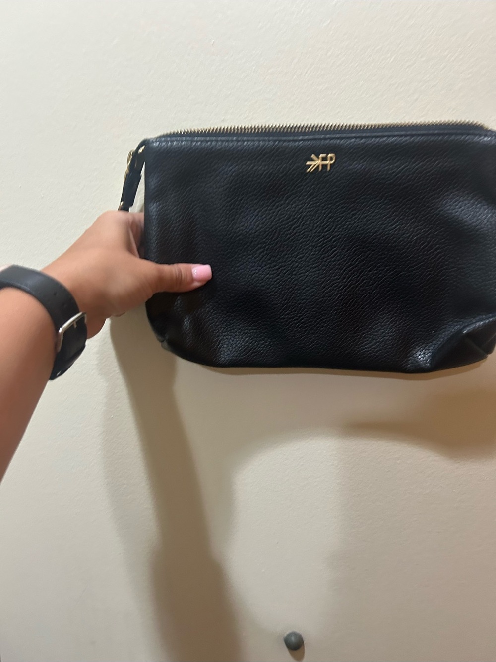 Freshly Picked Black Leather Wristlet with Gold Logo